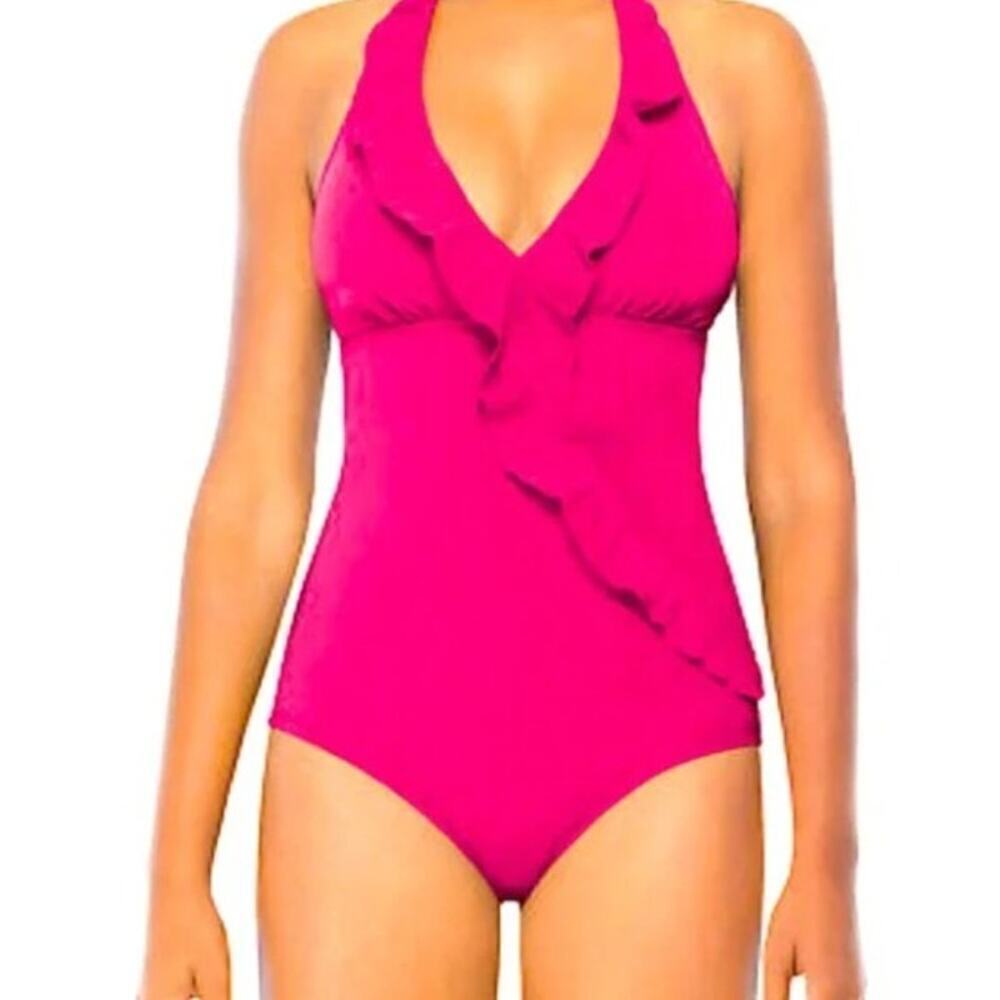 SPANX Love Your Assets Ruffle Halter Deep V One Piece Swim Size XL